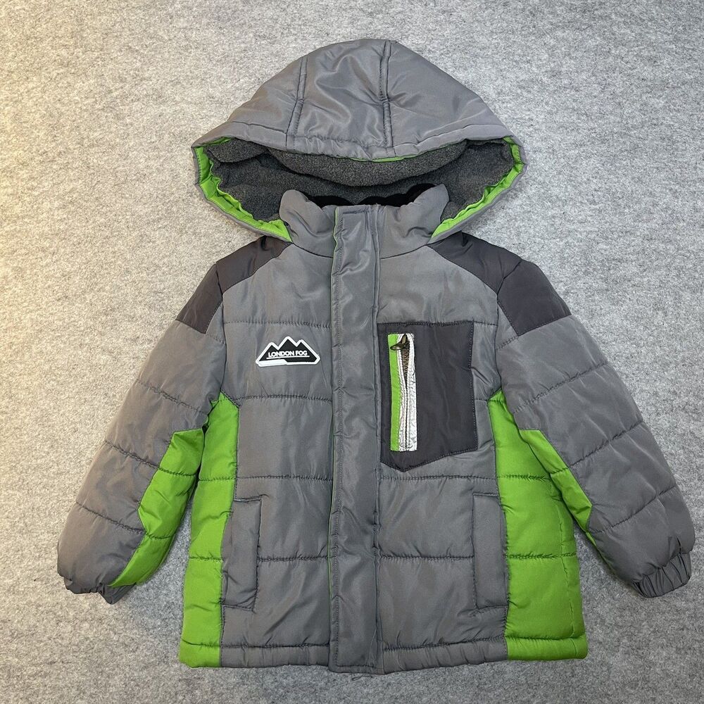 London Fog Toddler Puffer Jacket Boys 3T Gray Green Hooded Winter Coat